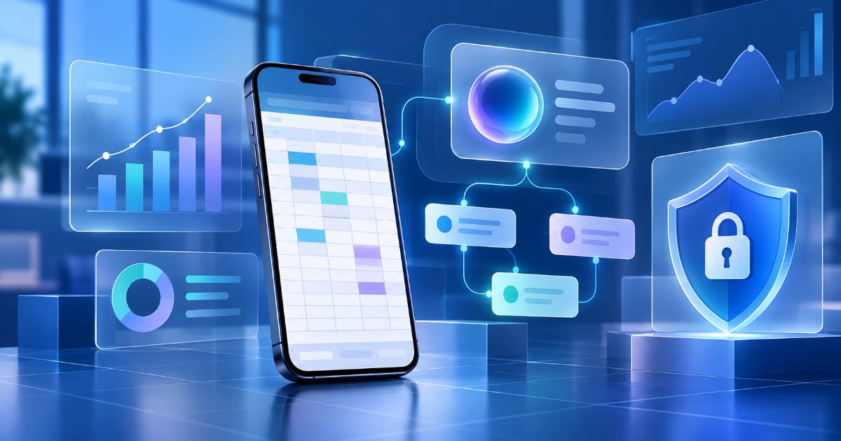 A smartphone spreadsheet, analytics panels, connected workflow nodes, and a security shield in a blue enterprise workspace.